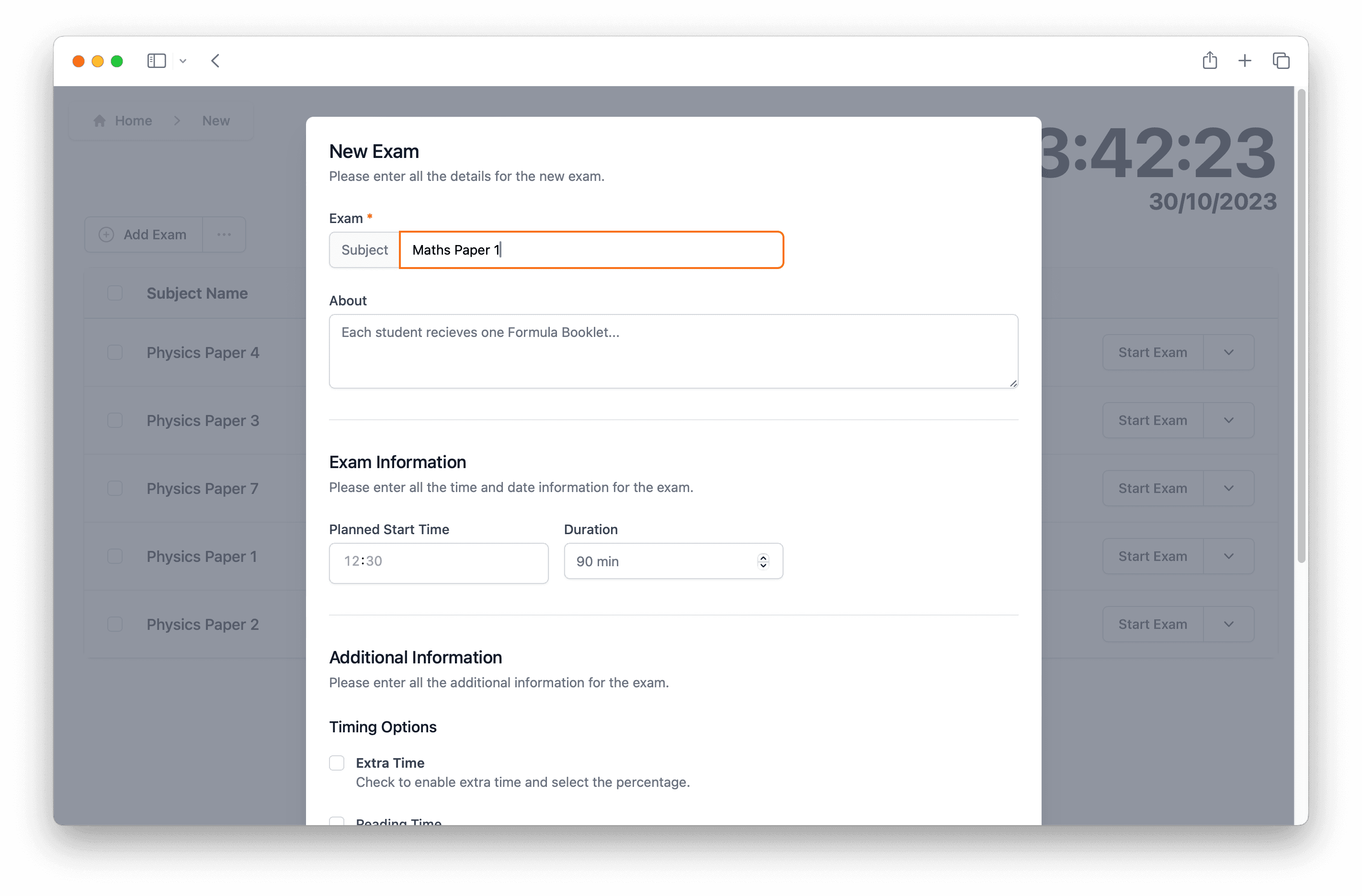 Exam analytics and session review