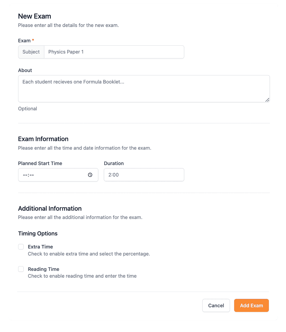 New exam form with duration, reading time, and extra time options