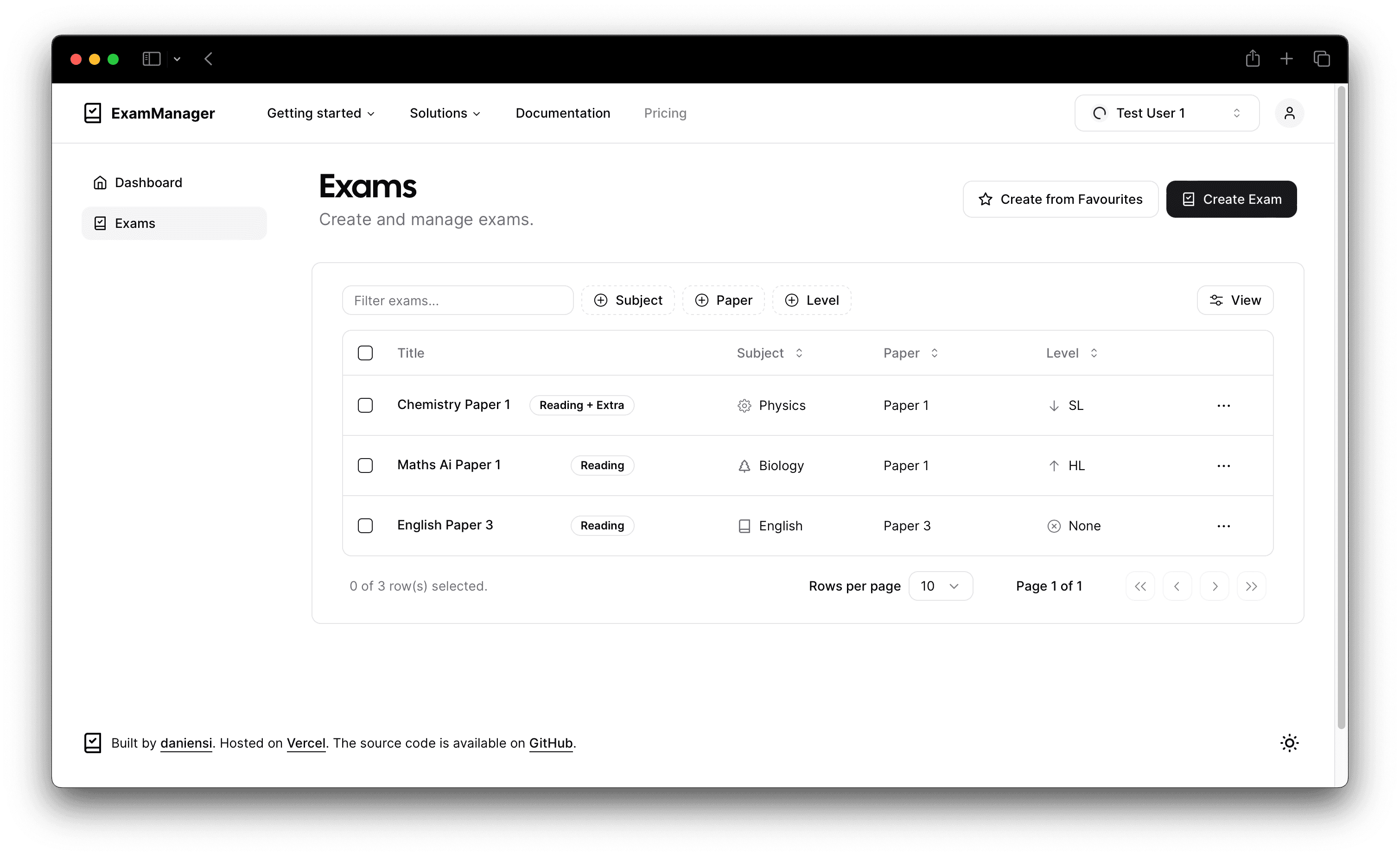ExamManager exams overview with timed papers and classroom sessions