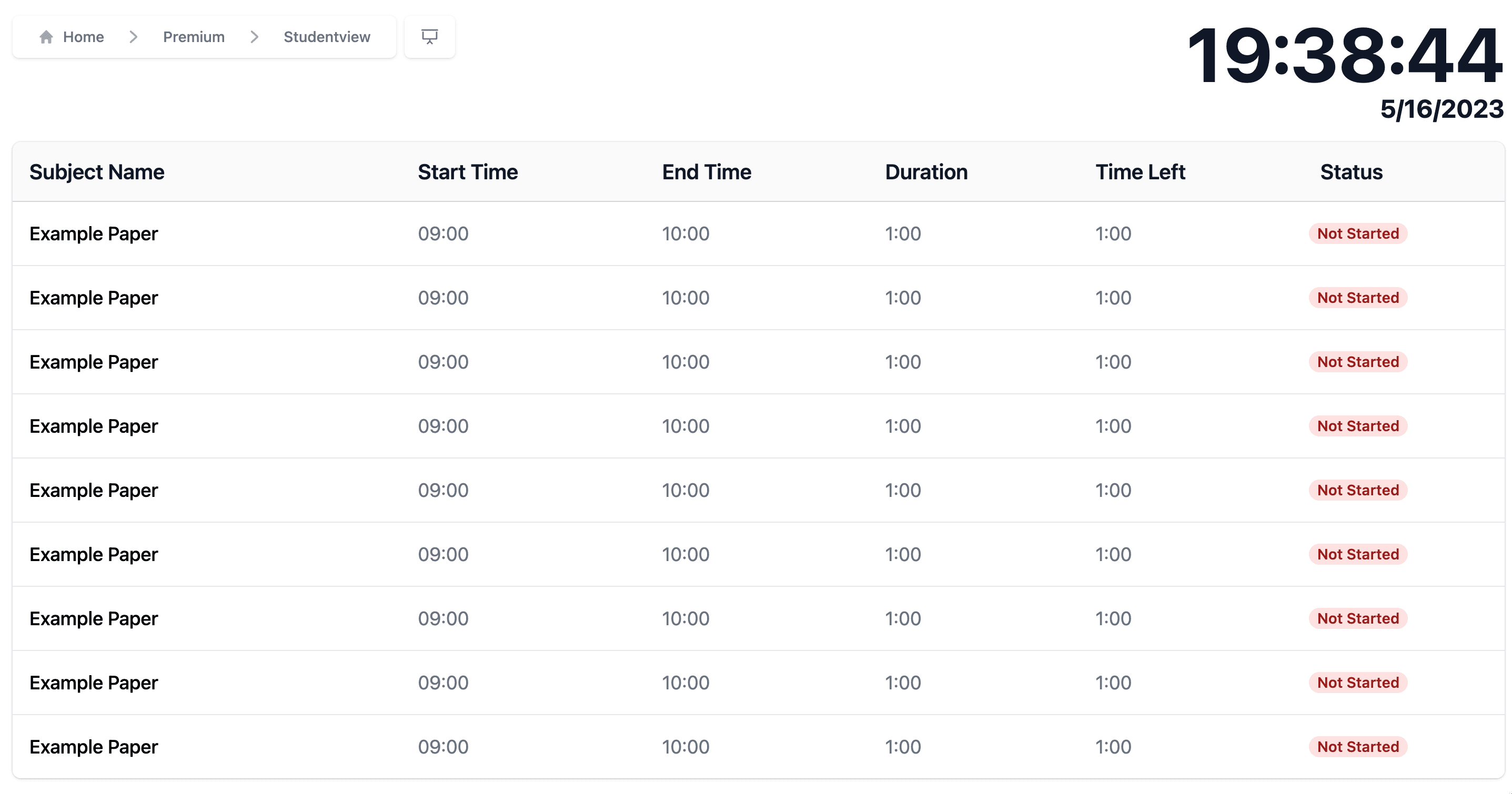 Live session board with clock and paper statuses